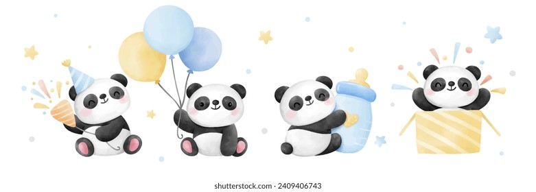 Draw vector illustration banner cute baby panda boy For nursery birthday kids Sweet dream concept Watercolor style