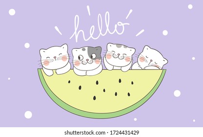 Draw vector illustration banner design cute cat with yellow watermelon on purple for summer holiday and party on the beach.Doodle cartoon style.