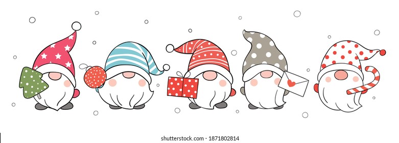 Draw vector illustration banner design cute gnomes in snow for winter Cartoon style.