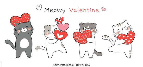 Draw vector illustration banner design funny cat with red heart for valentine day.Cartoon style.