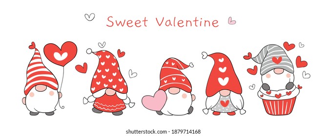 Draw vector illustration banner design cute gnomes for valentine day.Cartoon style.