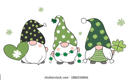 Draw vector illustration banner design gnomes with clover leaf for St Patrick's.Day Cartoon style.