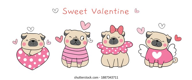 Draw vector illustration banner design sweet pug dog with little heart for valentine day.Cartoon style.