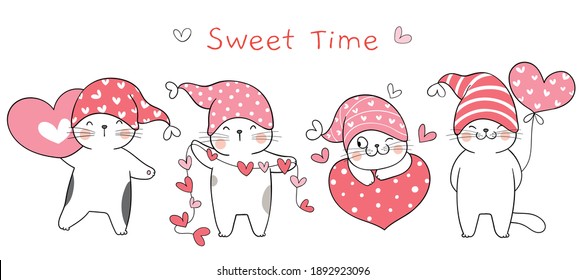Dibujar ilustración vectorial diseño de banner gatito dulce con corazón para el día de San Valentín.Estilo de dibujos animados.