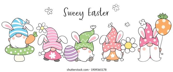 Draw vector illustration banner design cute gnomes for Easter and spring. Doodle cartoon style.