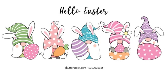 Draw vector illustration banner design cute gnomes with eggs for Easter and spring. Doodle cartoon style.