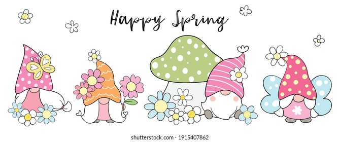 Draw vector illustration banner design sweet gnomes and flower for spring season  Cartoon style 