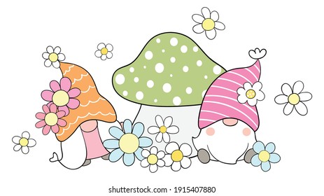 Draw vector illustration banner design cute gnomes with flower for spring season Cartoon style