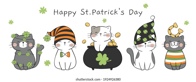 Draw vector illustration banner design cute cat for St Patrick day Cartoon style