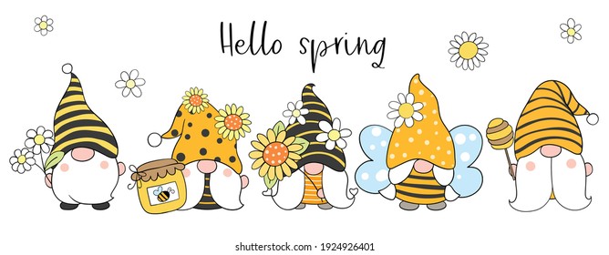 Draw vector illustration banner design bee gnomes and flower for spring   summer Cartoon style