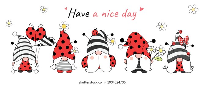 Draw vector illustration banner design ladybug gnomes for spring and summer Cartoon style