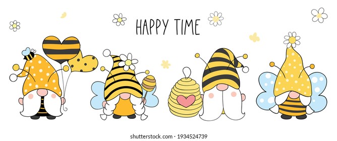 Draw vector illustration banner design bumble bee gnomes for spring   summer Cartoon style