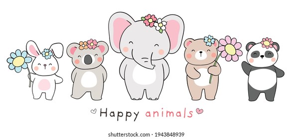 Draw vector illustration banner design happy animal for spring and Easter Cartoon style