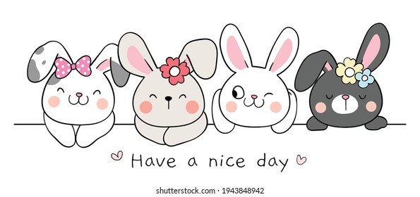 Draw vector illustration banner design happy bunny for spring and Easter Cartoon style