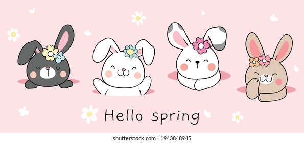 Draw vector illustration banner design funny bunny in hole for spring and Easter Cartoon style