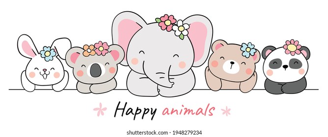 Draw vector illustration banner design cute animal with flower for spring Doodle cartoon style