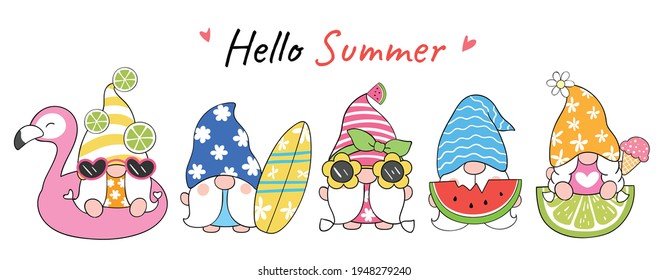 Draw vector illustration banner design funny gnome beach for summer Cartoon style