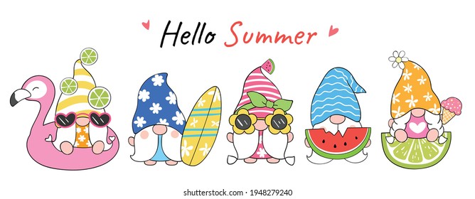 Draw Vector Illustration Banner Design Funny Gnome Beach For Summer Cartoon Style