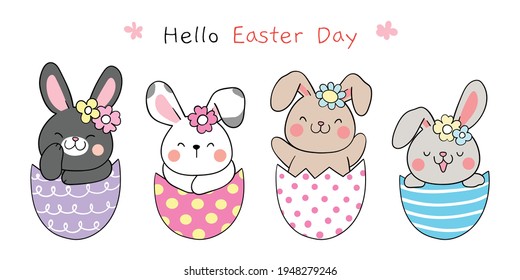 Draw vector illustration banner design cute bunny in eggs for Easter and spring Cartoon style