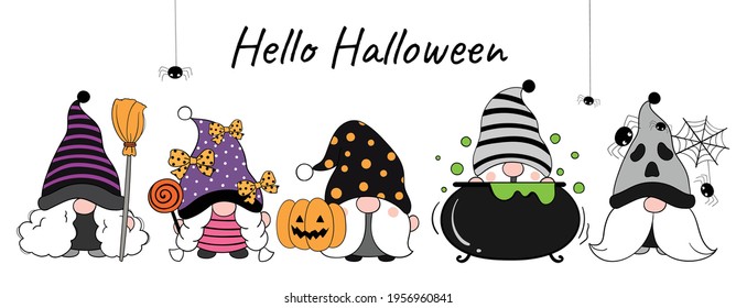 Draw vector illustration banner design funny gnome for Halloween day Doodle cartoon style