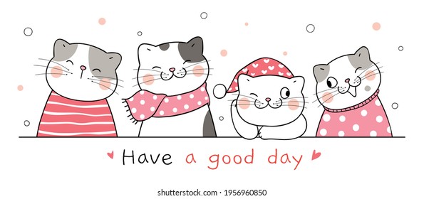 Draw vector illustration banner design cute cat with pink pastel Doodle cartoon style