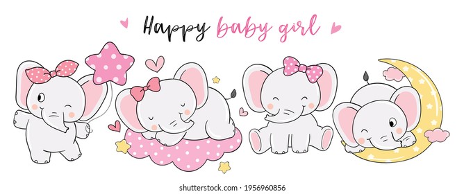 Draw vector illustration banner design happy elephant girl for baby shower Doodle cartoon style