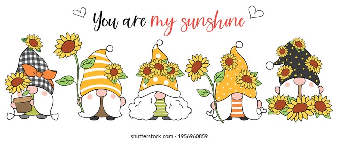 Draw vector illustration banner design sunflower gnome for spring and summer Doodle cartoon style