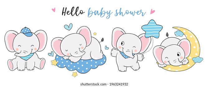 Draw vector illustration banner design happy elephant boy for baby shower Doodle cartoon style