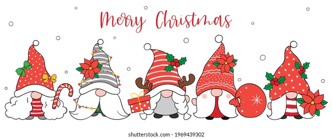 Draw vector illustration banner design cute gnome for Christmas and New year Doodle cartoon style