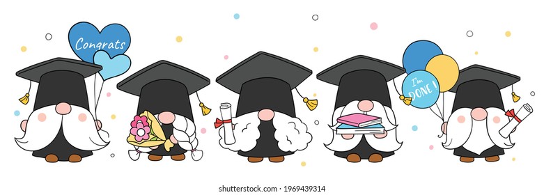 Draw vector illustration banner design graduation gnome for school Doodle cartoon style