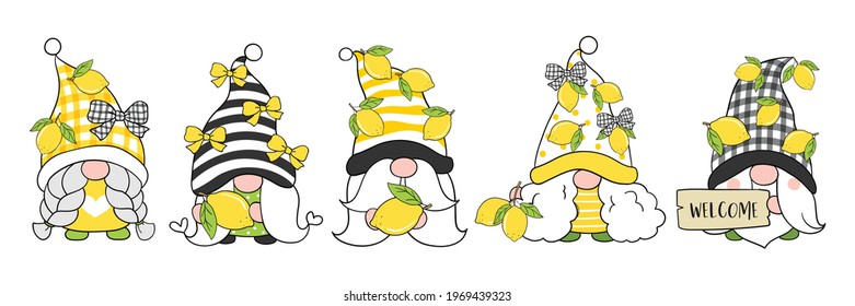 Draw vector illustration banner design lemon gnome for spring and summer Doodle cartoon style