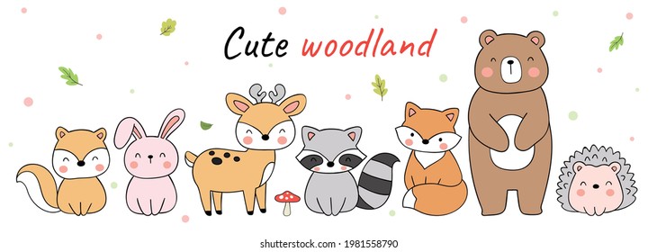 Draw vector illustration banner design cute woodland animals Doodle cartoon style