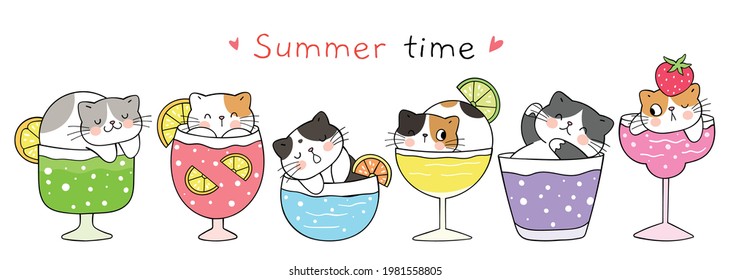 Draw vector illustration banner design cute cat cocktail for summer Doodle cartoon style