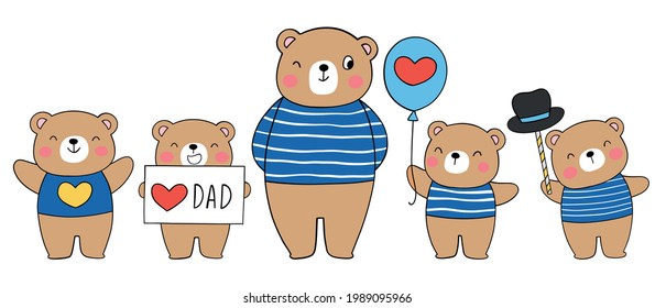 Dibujar ilustración vectorial diseño banner feliz papá oso e hijo para el estilo de dibujos animados Doodle día padre