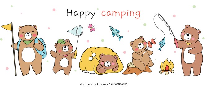 Draw Vector Illustration Banner Design Happy Bear Camping Summer Camp Concept Doodle Cartoon Style