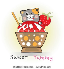 Draw vector illustration banner design cute cat in Bingsu and strawberry for summer holiday and party on the beach.cartoon style.