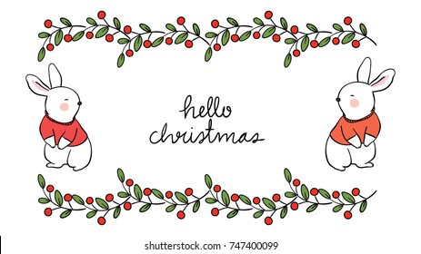 Draw vector illustration banner design nature leave and cute rabbit wording hello Christmas for decorate.Doodle cartoon style.