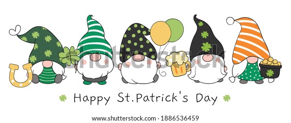 Draw vector illustration banner design\
gnomes with Happy St Patrick\'s Day.Cartoon\
style.