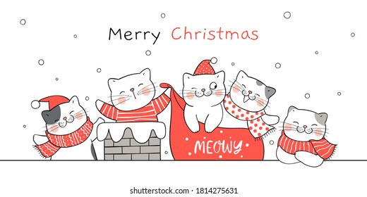 Draw vector illustration banner funny Santa cat on the roof in snow.For winter New year and Christmas.
