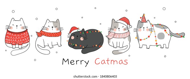 Draw vector illustration banner funny cats with Christmas light.For winter and New year.Doodle cartoon style.