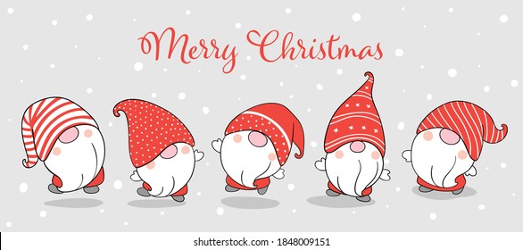 Draw vector illustration banner funny gnomes.For winter and Christmas.Doodle cartoon style.