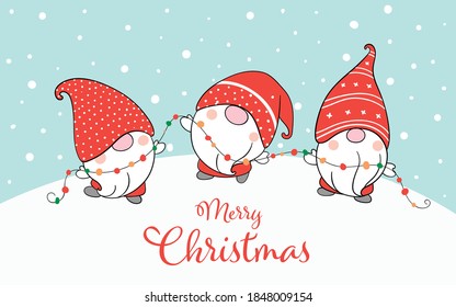 Draw vector illustration banner funny gnomes in snow.For winter New year and Christmas.Doodle cartoon style.