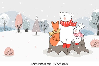 Draw vector illustration banner happy bear hug fox and rabbit in snow for winter Christmas.Doodle cartoon style.