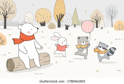 Dibujar ilustración vectorial banner feliz racco de conejo de oso animal jugando al bosque en el paisaje otoño. Estilo de caricatura Doodle.