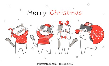 Draw vector illustration banner happy Santa cat.For winter New year and Christmas.Doodle cartoon style.