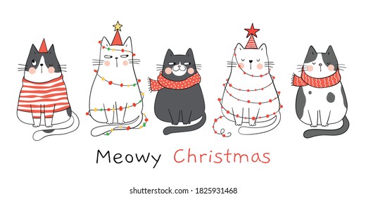 Draw vector illustration banner happy cats For winter New year and Christmas.Doodle cartoon style.