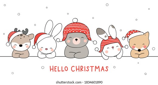 Draw vector illustration banner happy animals.For winter New year and Christmas.Doodle cartoon style.