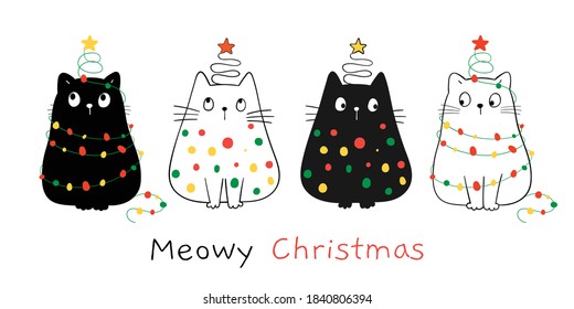 Draw vector illustration banner happy cats with Christmas light For winter and New year.Doodle cartoon style.