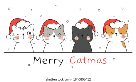 Draw vector illustration banner happy cats.For winter New year and Christmas.Doodle cartoon style.