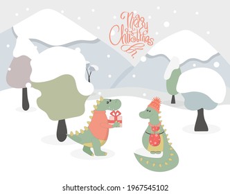 Dibujar ilustración vectorial banner feliz dinosaurios en la nieve. Para invierno Año Nuevo y Navidad. Estilo de caricatura de Doodle.